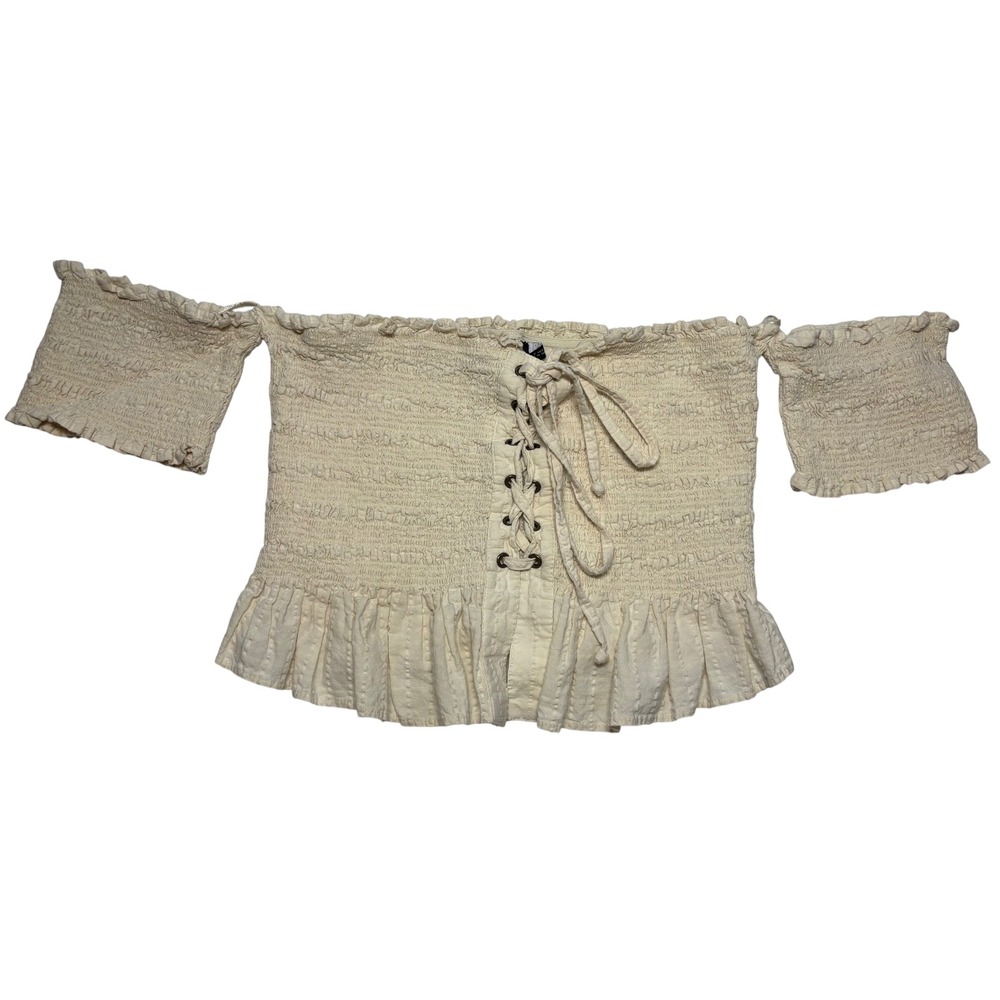 Zara Smocked Top Women Cream Excellent Lace Up Boho Ruffle Crop Small